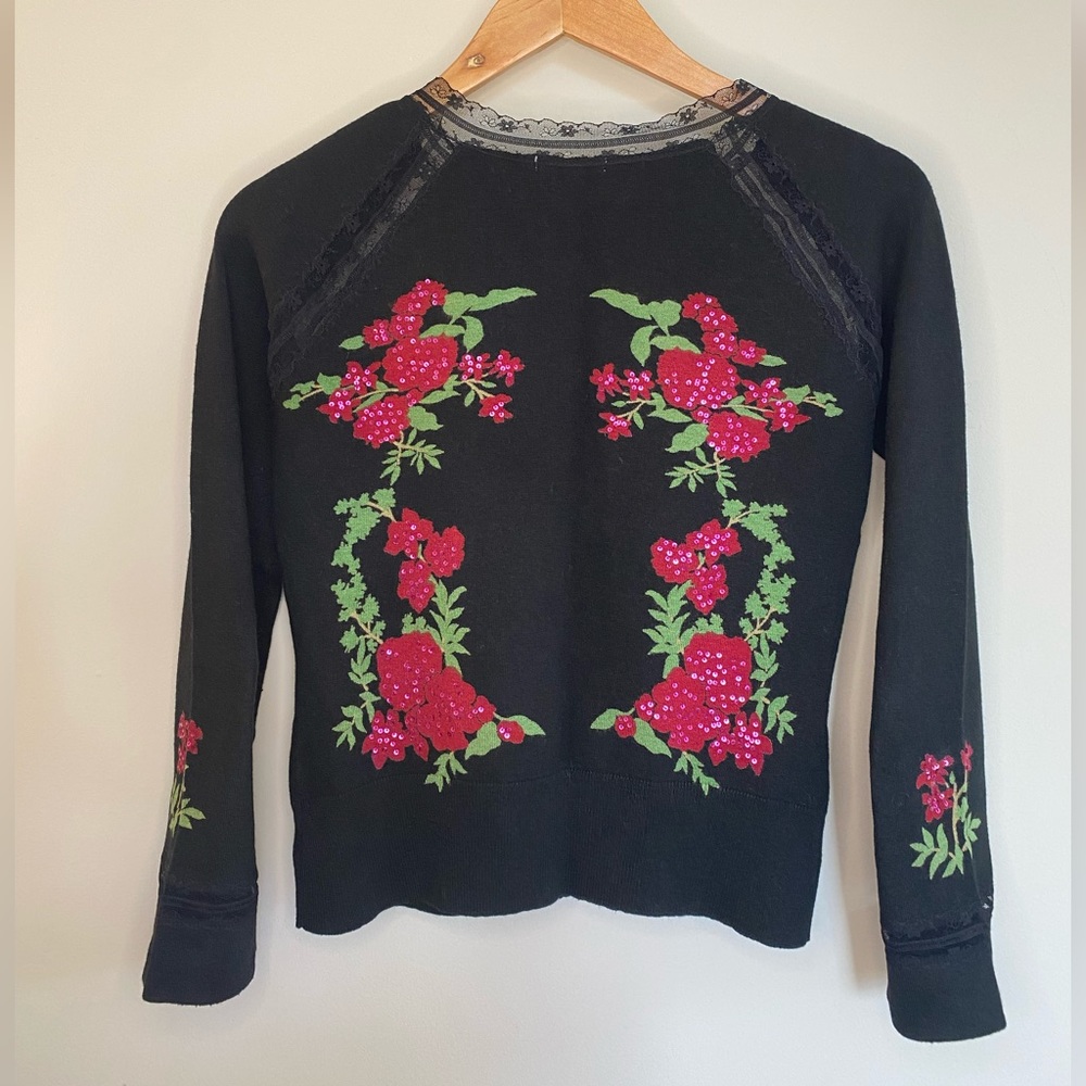 Black & Pink Floral Flower and Lace Cardigan Sweater XS /S
